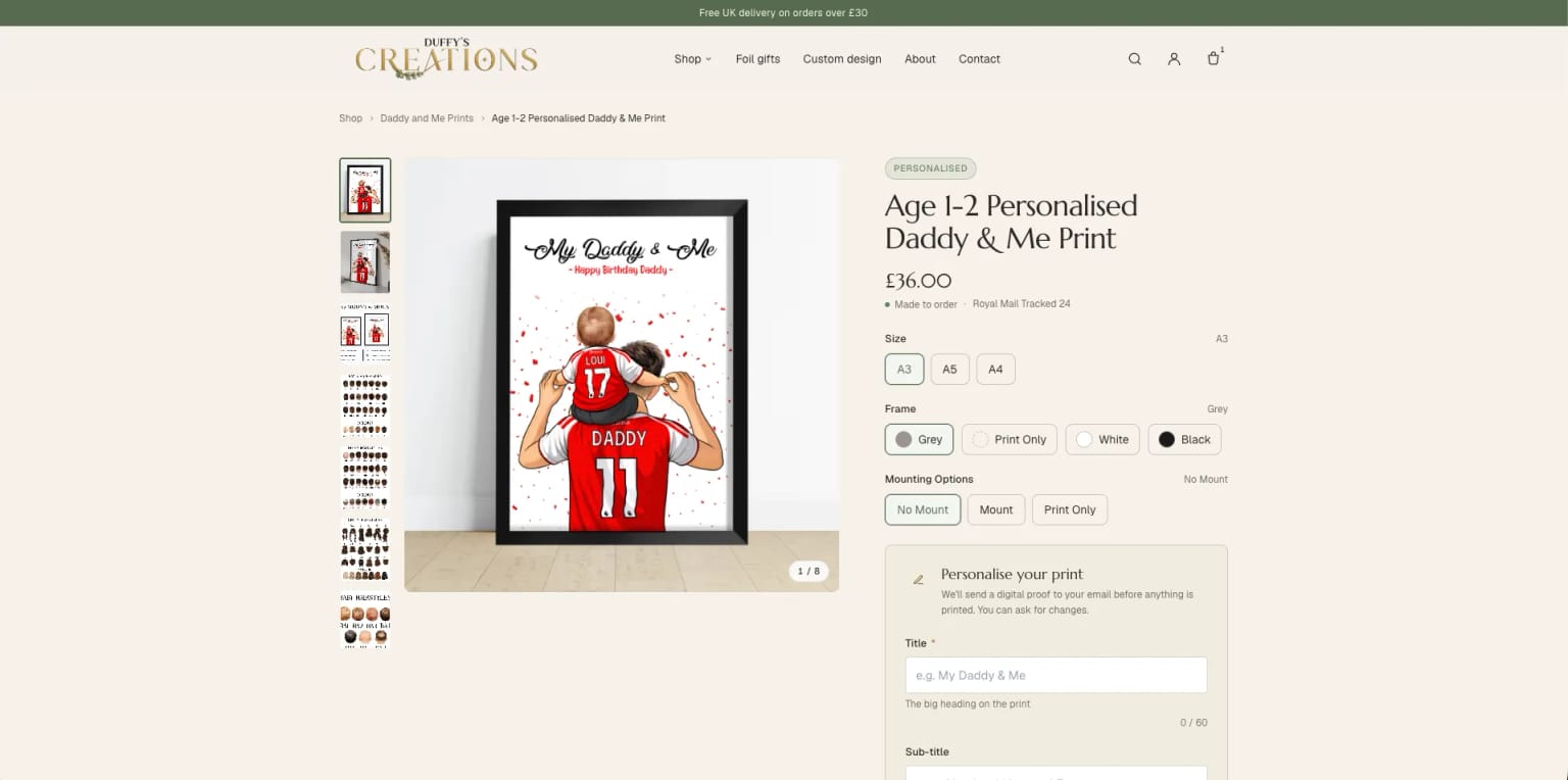 Duffy's Creations personalised print product page