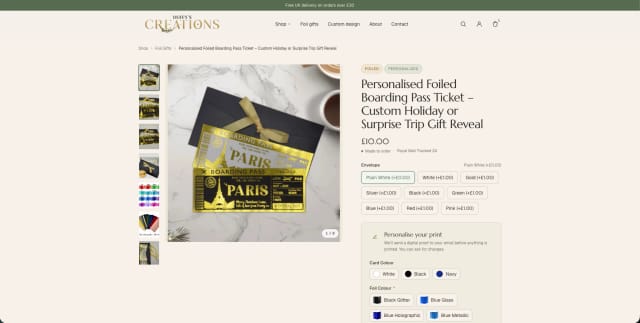 The Duffy's Creations product page on the rebuilt headless store, showing size and frame colour options that pick correctly without false out-of-stock errors