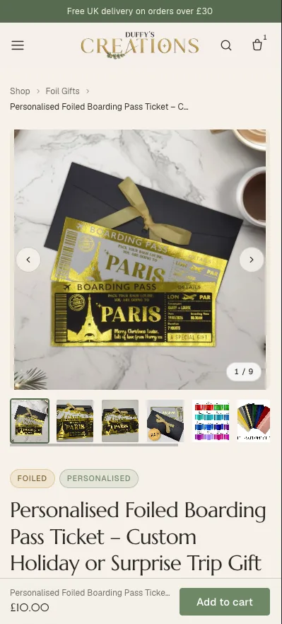 Mobile product page with personalisation swatches