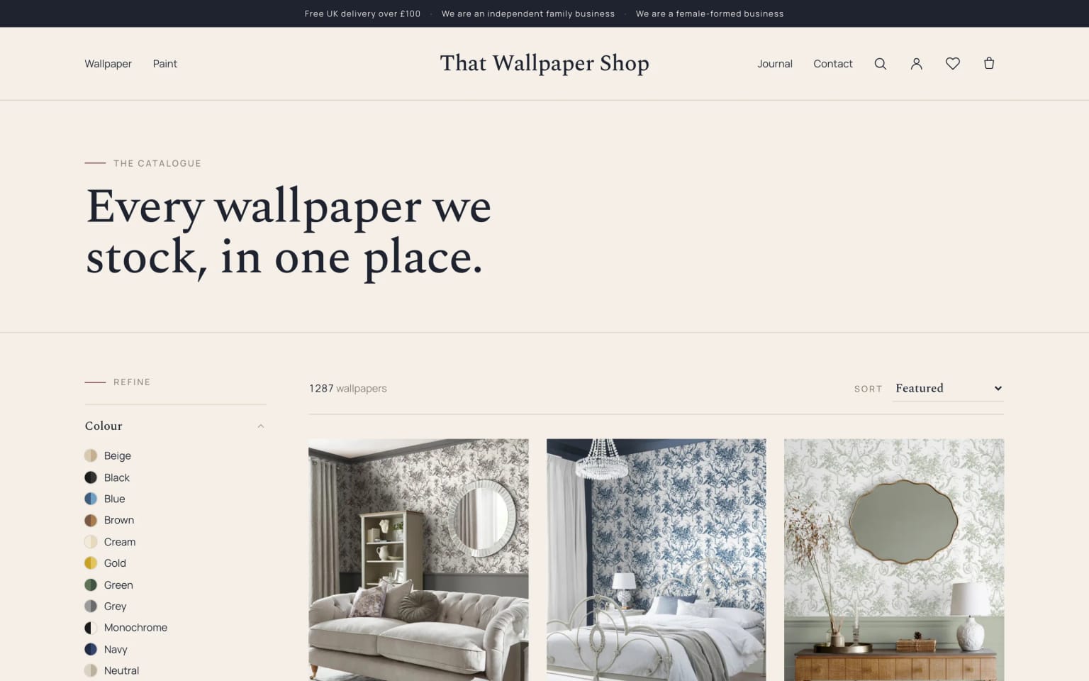 That Wallpaper Shop catalogue page with colour-swatch filters and 1,287 wallpapers