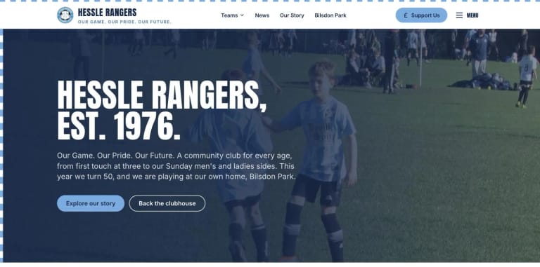 The Hessle Rangers homepage, sky blue and white, on a tournament-day photograph