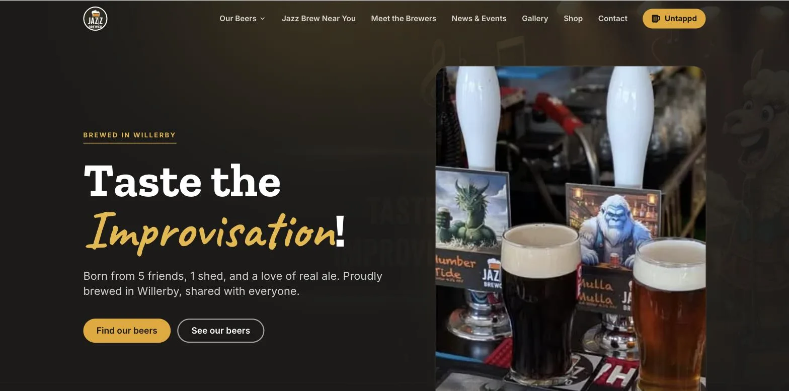 The Jazz BrewCo homepage, dark and warm
