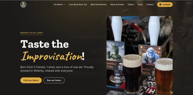 The Jazz BrewCo homepage, dark and warm, with the brewery's beers on the bar