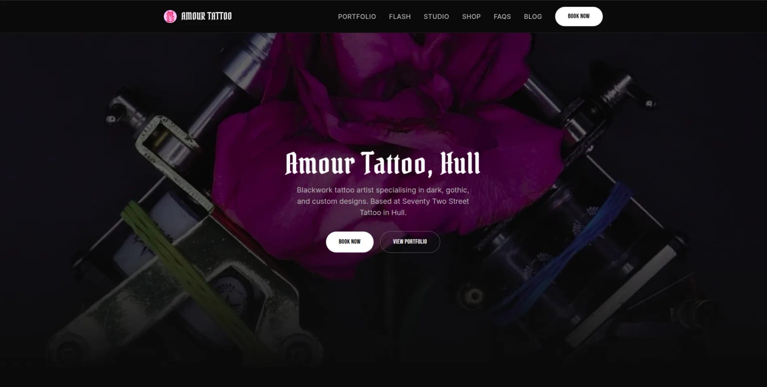 The Amour Tattoo website homepage showing the studio's blackwork and fine-line portfolio