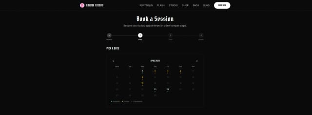 The Amour Tattoo booking flow on the studio's own site, choosing a service and time with real availability