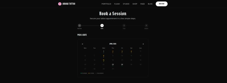 The Amour Tattoo booking flow on the studio's own site, choosing a service and time with real availability
